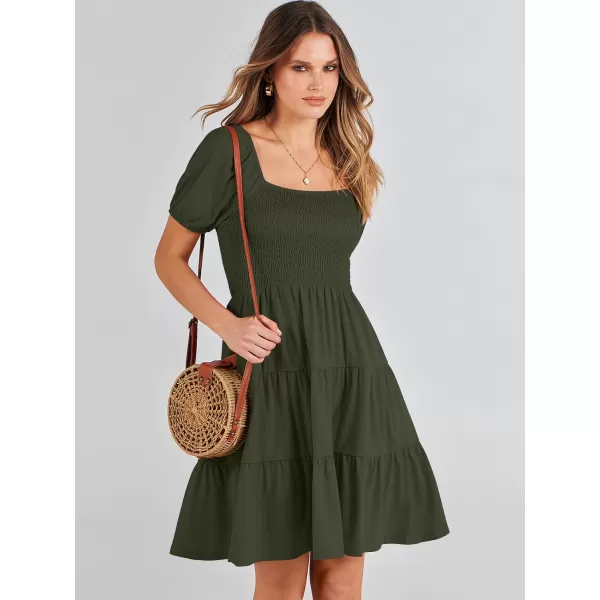 imageANRABESS Womens Summer Mini Dresses 2024 Casual Square Neck Smocked Puff Sleeve Cute Short DressArmy Green
