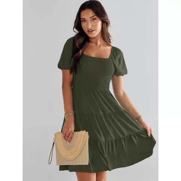 imageANRABESS Womens Summer Mini Dresses 2024 Casual Square Neck Smocked Puff Sleeve Cute Short DressArmy Green
