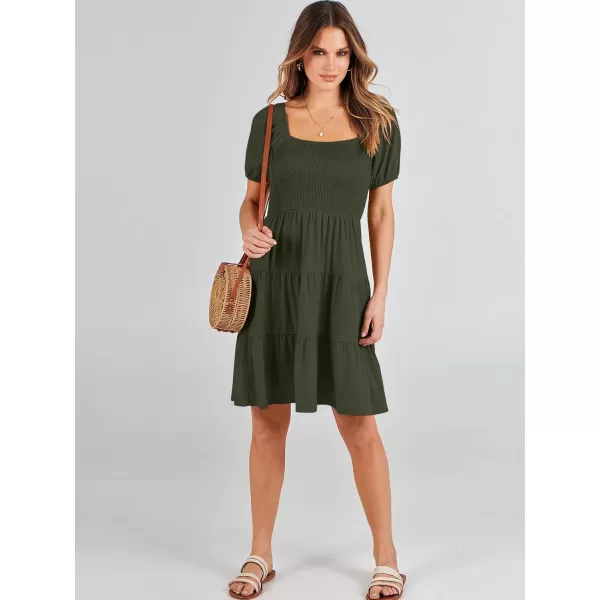 imageANRABESS Womens Summer Mini Dresses 2024 Casual Square Neck Smocked Puff Sleeve Cute Short DressArmy Green