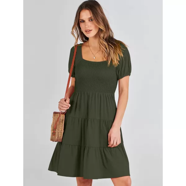 imageANRABESS Womens Summer Mini Dresses 2024 Casual Square Neck Smocked Puff Sleeve Cute Short DressArmy Green