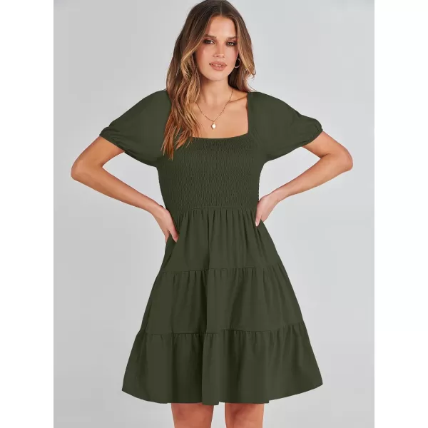 imageANRABESS Womens Summer Mini Dresses 2024 Casual Square Neck Smocked Puff Sleeve Cute Short DressArmy Green