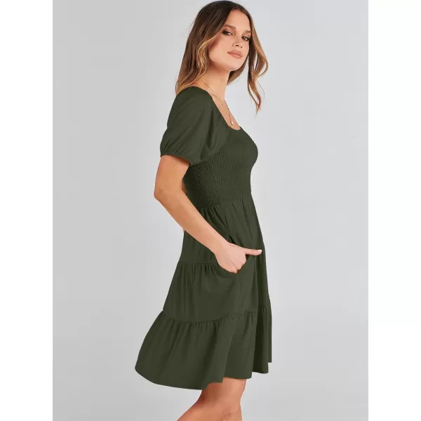 imageANRABESS Womens Summer Mini Dresses 2024 Casual Square Neck Smocked Puff Sleeve Cute Short DressArmy Green