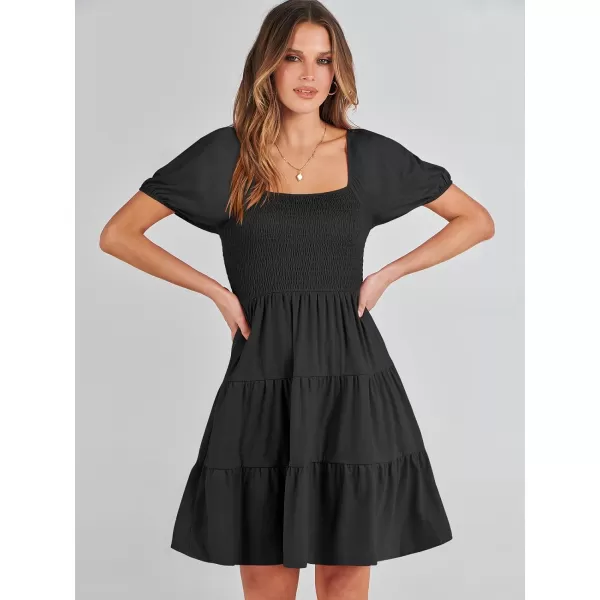 imageANRABESS Womens Summer Mini Dresses 2024 Casual Square Neck Smocked Puff Sleeve Cute Short DressBlack
