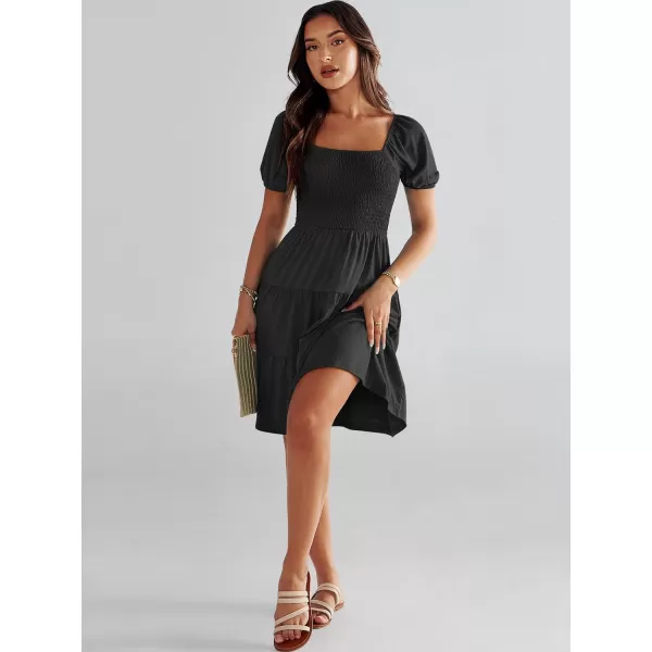 imageANRABESS Womens Summer Mini Dresses 2024 Casual Square Neck Smocked Puff Sleeve Cute Short DressBlack