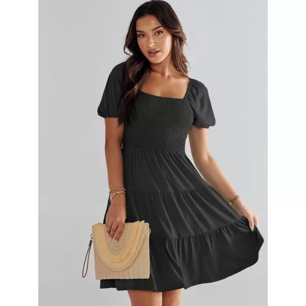 imageANRABESS Womens Summer Mini Dresses 2024 Casual Square Neck Smocked Puff Sleeve Cute Short DressBlack