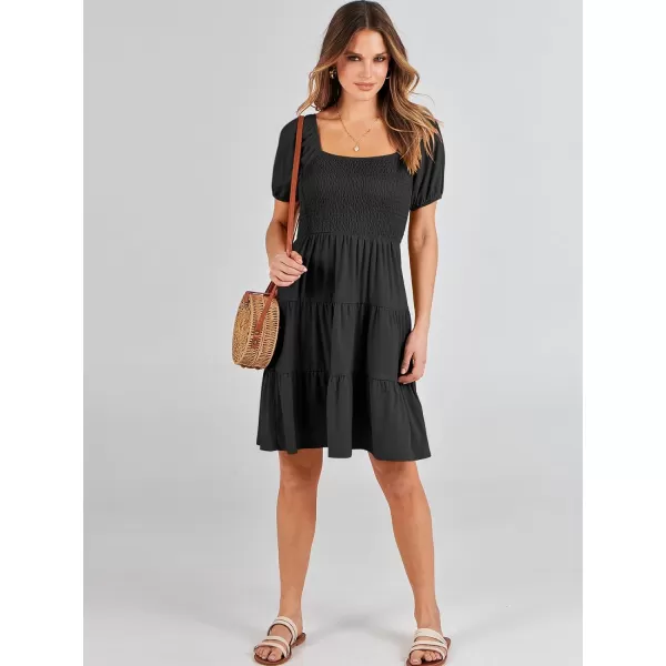 imageANRABESS Womens Summer Mini Dresses 2024 Casual Square Neck Smocked Puff Sleeve Cute Short DressBlack