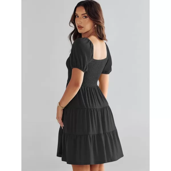 imageANRABESS Womens Summer Mini Dresses 2024 Casual Square Neck Smocked Puff Sleeve Cute Short DressBlack