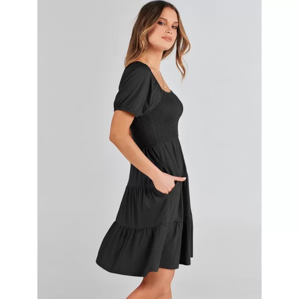 imageANRABESS Womens Summer Mini Dresses 2024 Casual Square Neck Smocked Puff Sleeve Cute Short DressBlack