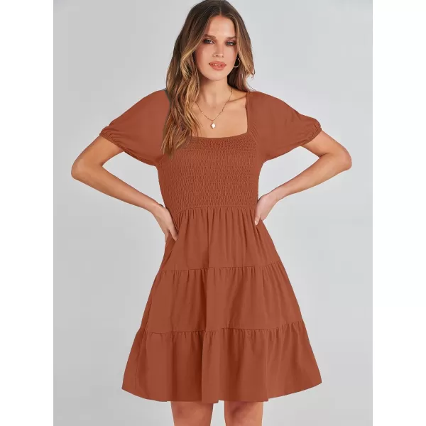 imageANRABESS Womens Summer Mini Dresses 2024 Casual Square Neck Smocked Puff Sleeve Cute Short DressBrown