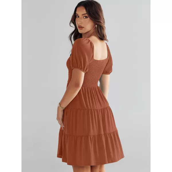 imageANRABESS Womens Summer Mini Dresses 2024 Casual Square Neck Smocked Puff Sleeve Cute Short DressBrown