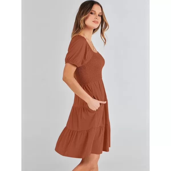 imageANRABESS Womens Summer Mini Dresses 2024 Casual Square Neck Smocked Puff Sleeve Cute Short DressBrown