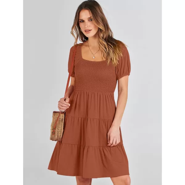 imageANRABESS Womens Summer Mini Dresses 2024 Casual Square Neck Smocked Puff Sleeve Cute Short DressBrown