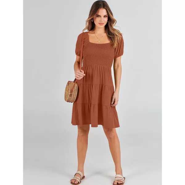 imageANRABESS Womens Summer Mini Dresses 2024 Casual Square Neck Smocked Puff Sleeve Cute Short DressBrown