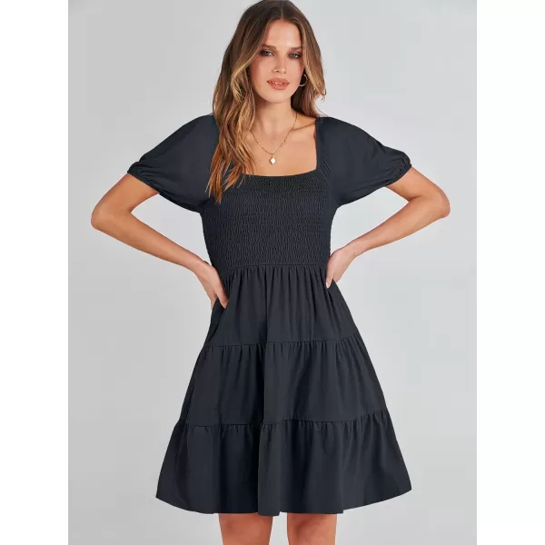 imageANRABESS Womens Summer Mini Dresses 2024 Casual Square Neck Smocked Puff Sleeve Cute Short DressDark Blue