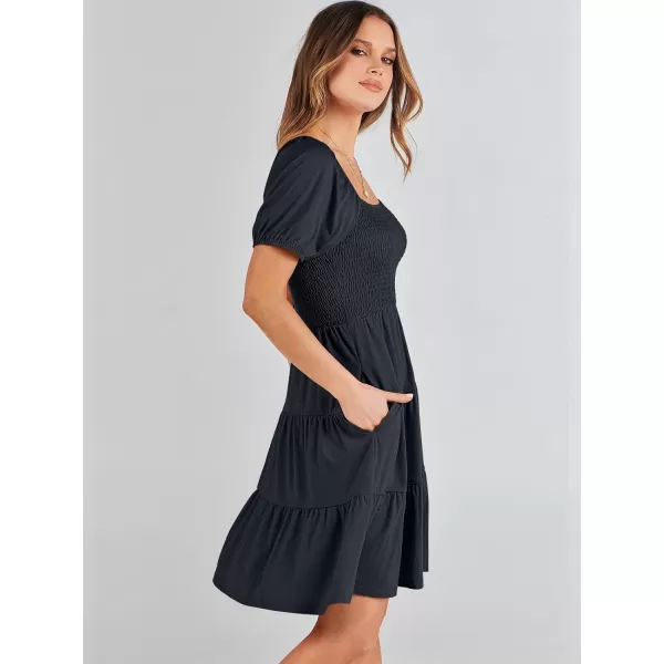 imageANRABESS Womens Summer Mini Dresses 2024 Casual Square Neck Smocked Puff Sleeve Cute Short DressDark Blue