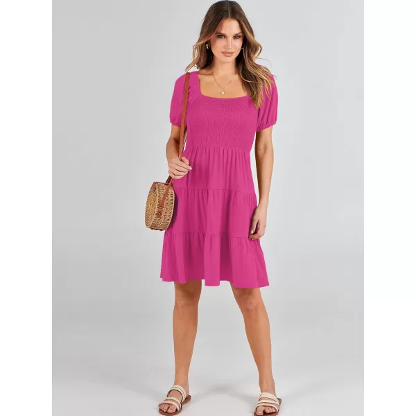 imageANRABESS Womens Summer Mini Dresses 2024 Casual Square Neck Smocked Puff Sleeve Cute Short DressHot Pink