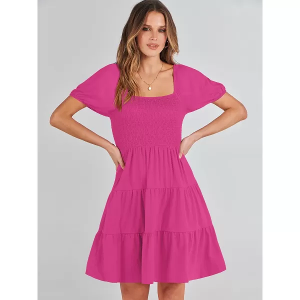 imageANRABESS Womens Summer Mini Dresses 2024 Casual Square Neck Smocked Puff Sleeve Cute Short DressHot Pink