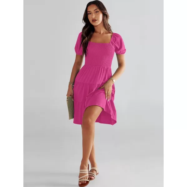 imageANRABESS Womens Summer Mini Dresses 2024 Casual Square Neck Smocked Puff Sleeve Cute Short DressHot Pink