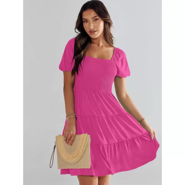 imageANRABESS Womens Summer Mini Dresses 2024 Casual Square Neck Smocked Puff Sleeve Cute Short DressHot Pink