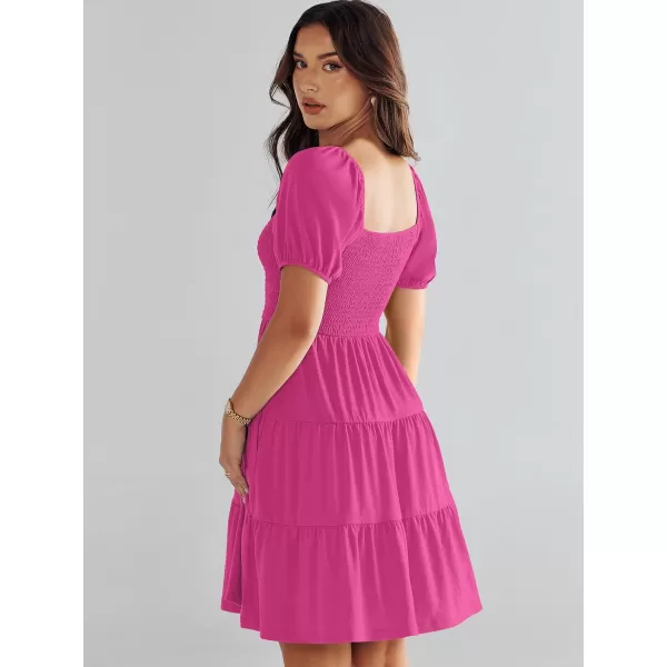 imageANRABESS Womens Summer Mini Dresses 2024 Casual Square Neck Smocked Puff Sleeve Cute Short DressHot Pink