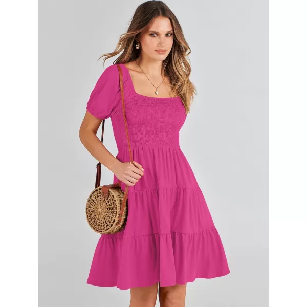 imageANRABESS Womens Summer Mini Dresses 2024 Casual Square Neck Smocked Puff Sleeve Cute Short DressHot Pink