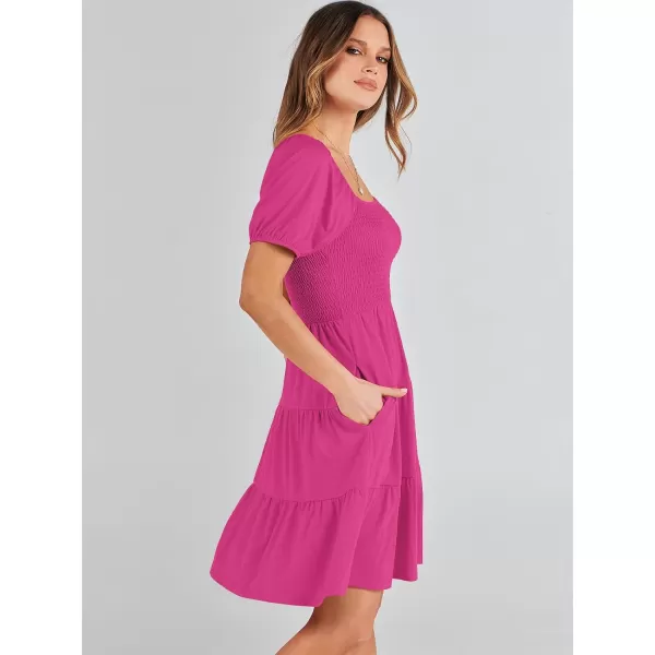 imageANRABESS Womens Summer Mini Dresses 2024 Casual Square Neck Smocked Puff Sleeve Cute Short DressHot Pink