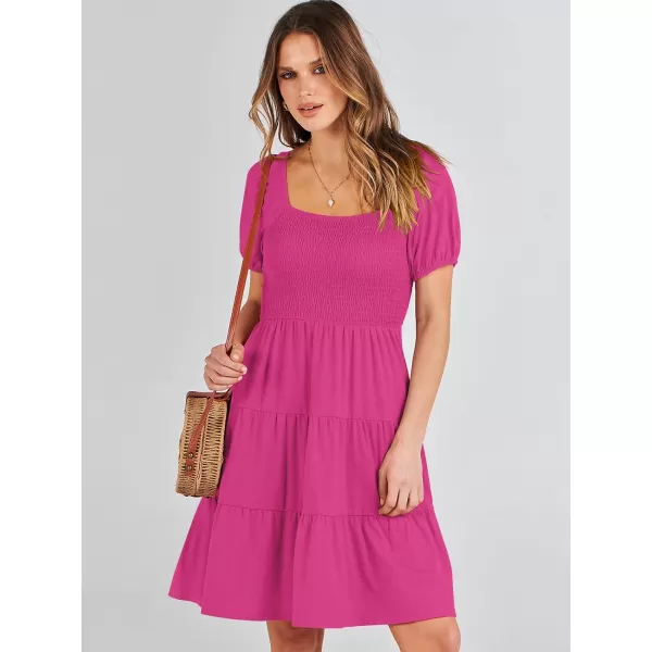 imageANRABESS Womens Summer Mini Dresses 2024 Casual Square Neck Smocked Puff Sleeve Cute Short DressHot Pink