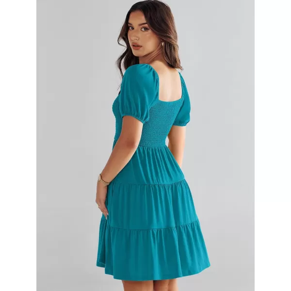 imageANRABESS Womens Summer Mini Dresses 2024 Casual Square Neck Smocked Puff Sleeve Cute Short DressLake Green