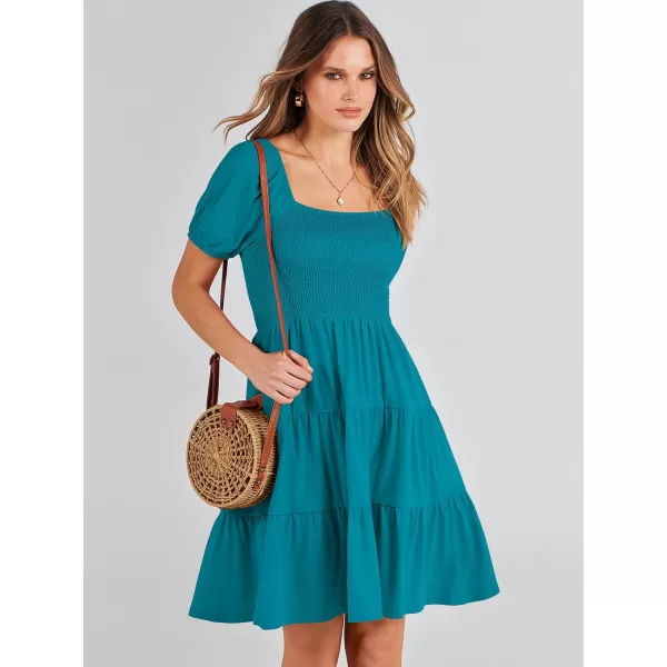imageANRABESS Womens Summer Mini Dresses 2024 Casual Square Neck Smocked Puff Sleeve Cute Short DressLake Green