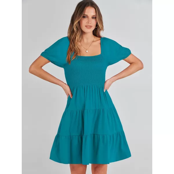 imageANRABESS Womens Summer Mini Dresses 2024 Casual Square Neck Smocked Puff Sleeve Cute Short DressLake Green