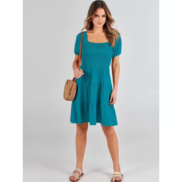 imageANRABESS Womens Summer Mini Dresses 2024 Casual Square Neck Smocked Puff Sleeve Cute Short DressLake Green