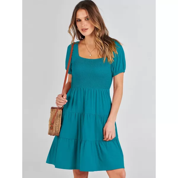 imageANRABESS Womens Summer Mini Dresses 2024 Casual Square Neck Smocked Puff Sleeve Cute Short DressLake Green