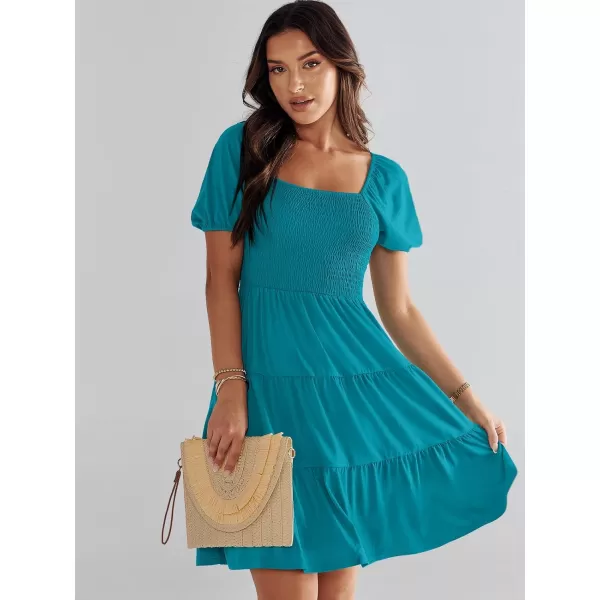 imageANRABESS Womens Summer Mini Dresses 2024 Casual Square Neck Smocked Puff Sleeve Cute Short DressLake Green