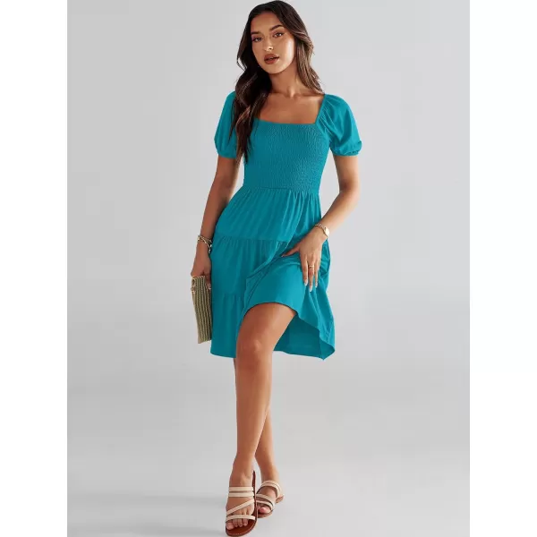 imageANRABESS Womens Summer Mini Dresses 2024 Casual Square Neck Smocked Puff Sleeve Cute Short DressLake Green