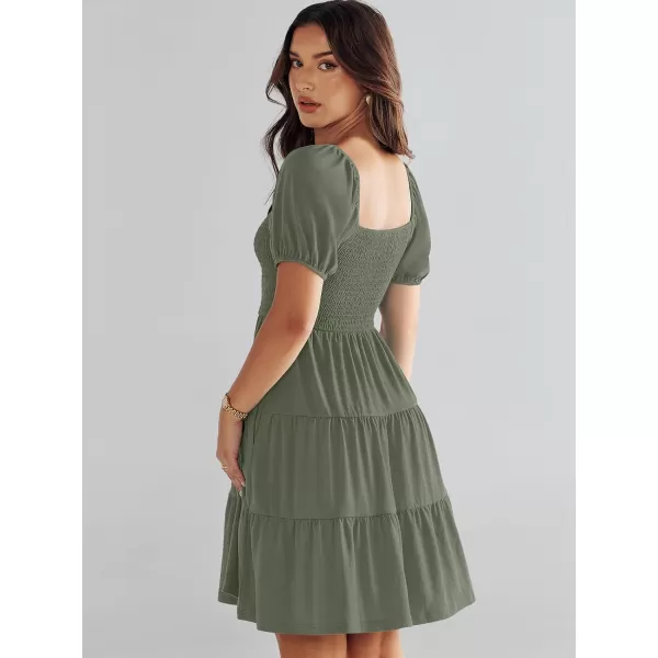 imageANRABESS Womens Summer Mini Dresses 2024 Casual Square Neck Smocked Puff Sleeve Cute Short DressOlive Green