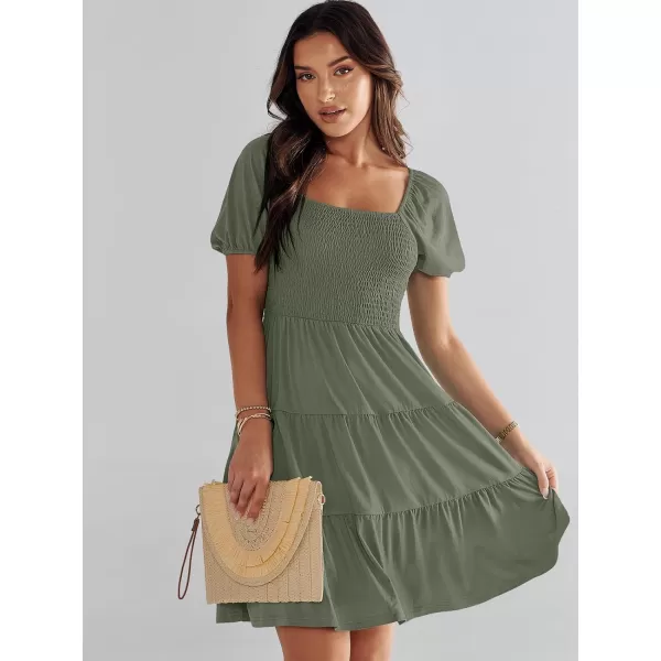 imageANRABESS Womens Summer Mini Dresses 2024 Casual Square Neck Smocked Puff Sleeve Cute Short DressOlive Green