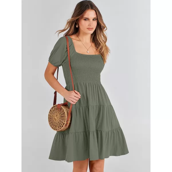 imageANRABESS Womens Summer Mini Dresses 2024 Casual Square Neck Smocked Puff Sleeve Cute Short DressOlive Green