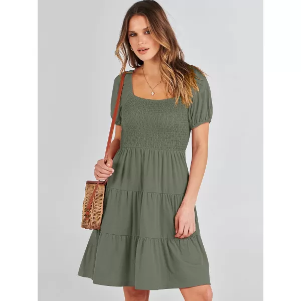 imageANRABESS Womens Summer Mini Dresses 2024 Casual Square Neck Smocked Puff Sleeve Cute Short DressOlive Green