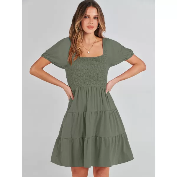 imageANRABESS Womens Summer Mini Dresses 2024 Casual Square Neck Smocked Puff Sleeve Cute Short DressOlive Green