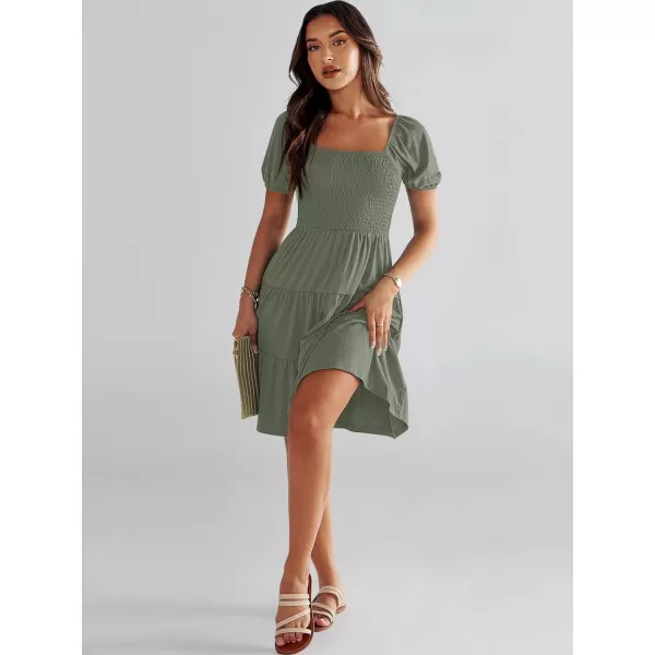 imageANRABESS Womens Summer Mini Dresses 2024 Casual Square Neck Smocked Puff Sleeve Cute Short DressOlive Green