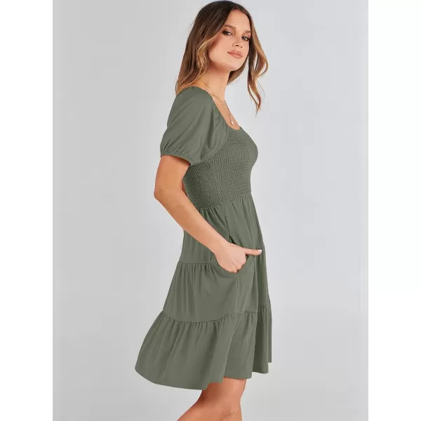 imageANRABESS Womens Summer Mini Dresses 2024 Casual Square Neck Smocked Puff Sleeve Cute Short DressOlive Green