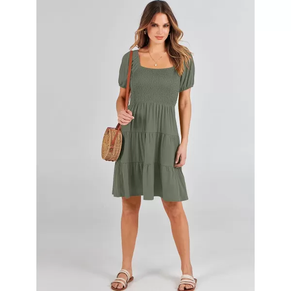 imageANRABESS Womens Summer Mini Dresses 2024 Casual Square Neck Smocked Puff Sleeve Cute Short DressOlive Green