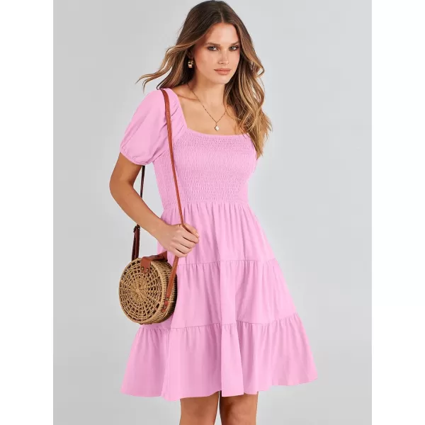 imageANRABESS Womens Summer Mini Dresses 2024 Casual Square Neck Smocked Puff Sleeve Cute Short DressPink