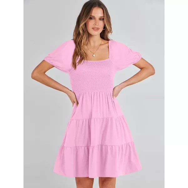 imageANRABESS Womens Summer Mini Dresses 2024 Casual Square Neck Smocked Puff Sleeve Cute Short DressPink
