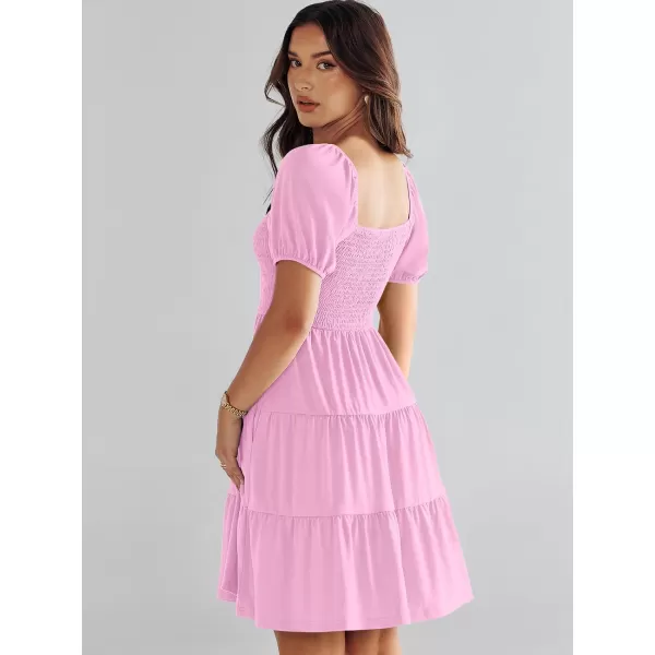 imageANRABESS Womens Summer Mini Dresses 2024 Casual Square Neck Smocked Puff Sleeve Cute Short DressPink