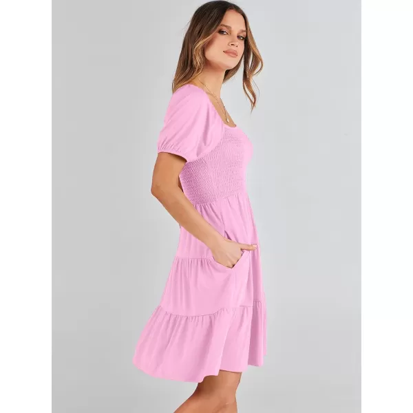 imageANRABESS Womens Summer Mini Dresses 2024 Casual Square Neck Smocked Puff Sleeve Cute Short DressPink