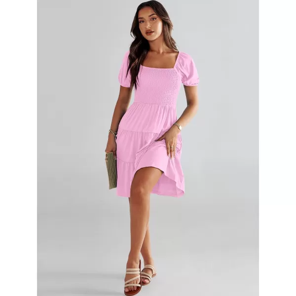 imageANRABESS Womens Summer Mini Dresses 2024 Casual Square Neck Smocked Puff Sleeve Cute Short DressPink
