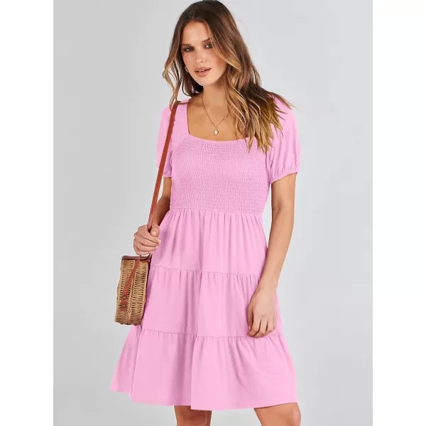 imageANRABESS Womens Summer Mini Dresses 2024 Casual Square Neck Smocked Puff Sleeve Cute Short DressPink