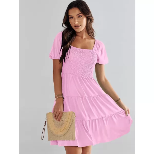 imageANRABESS Womens Summer Mini Dresses 2024 Casual Square Neck Smocked Puff Sleeve Cute Short DressPink