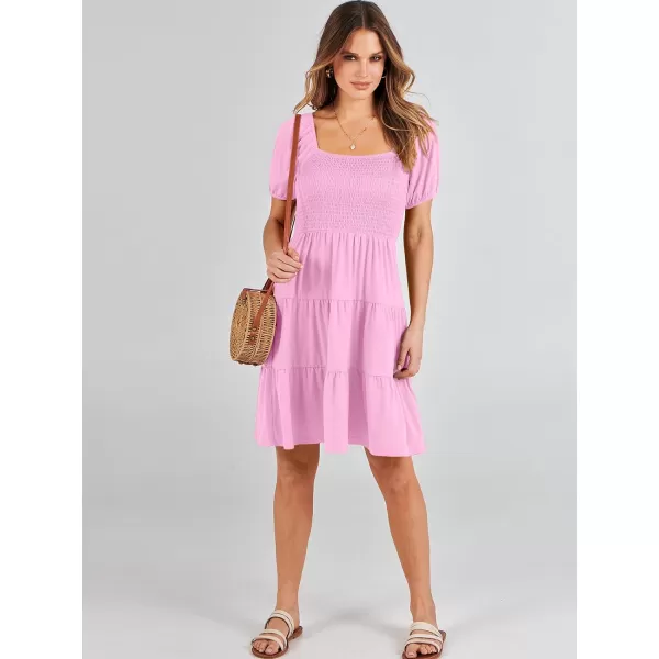 imageANRABESS Womens Summer Mini Dresses 2024 Casual Square Neck Smocked Puff Sleeve Cute Short DressPink